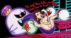 1futa balls big_tongue breasts brown_hair cum cumshot donkey_kong_(series) ejaculation futanari ghost human king_boo lady_bow large_tongue licking_foot licking_on_breast lipstick luigi's_mansion mario_(series) nintendo nipples open_mouth orgasm pauline purple_tongue red_lipstick red_tongue sharp_teeth the_moss-man tongue tongue_out