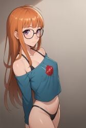 ai_generated atlus bangs crop_top female glasses long_hair looking_at_viewer navel nipples_visible_through_clothing orange_hair panties persona persona_5 robinlover sakura_futaba shoulders solo solo_female tagme thighs