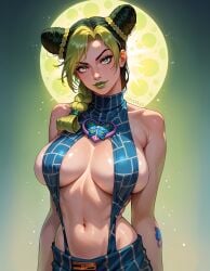 ai_generated athletic_female cleavage colored_hair colored_nails double_bun fr34ky huge_breasts jojo's_bizarre_adventure jolyne_kujo nail_polish sideboob