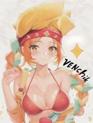 amber_(brawl_stars) artist_name bandana bikini blush brawl_stars breasts brown_eyes cleavage green_hair mexican orange_hair pom_poms ponytail red_bikini smile sparkles sweat sweating sweaty_breasts three_tone_hair venchik yellow_hair