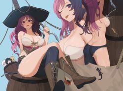 100wang 2024 4girls :p ass barrel boots breasts brown_eyes brown_hair cleavage crab female female_only heart heterochromia highres knife large_breasts light-skinned_female light_skin looking_at_viewer multicolored_hair neo_(rwby) open_mouth perfect_legs pink_eyes pink_hair pirate pirate_hat pirate_ship rwby shiny_skin solo_focus thick_thighs thighs thighs_together tongue tongue_out topless two_tone_hair water wet