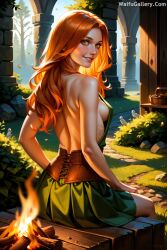 ai_generated back_view backboob campfire forest medieval_clothing red_eyes red_hair