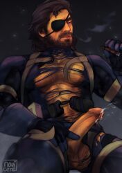 big_boss cum ejaculation erection eyepatch facial_hair highres male_focus male_pubic_hair mature_male metal_gear_(series) metal_gear_solid non-web_source novicere penis pubic_hair solo_focus testicles torn_clothes