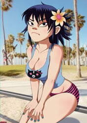 1girls asian beach breasts cleavage clothed clothing curvy female female_only flower gorillaz hair_flower large_breasts nail_polish noodle_(gorillaz) noodle_(humility) outdoors panties public shadman shimapan wedgie