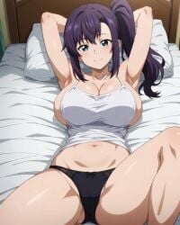 ai_generated amaya_haruko arms_up athletic_female bare_legs blue_eyes gigantic_breasts huge_breasts huge_thighs light-skinned_female light_skin looking_at_viewer maken-ki! massive_breasts panties purple_hair side_ponytail smiling solo_female subaruarm tank_top thick_thighs thighs voluptuous voluptuous_female