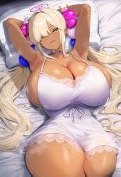 ai_generated armpits arms_up big_breasts blonde_hair breasts brown_skin cleavage dark-skinned_female dark_skin hololive hololive_english hololive_english_-council- huge_breasts large_breasts negligee nightgown on_back on_bed sideboob thick_thighs tsukumo_sana virtual_youtuber vtuber yellow_eyes