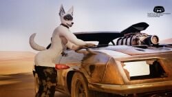 16:9 anatomically_correct ass bodypaint bottomwear canid canine canis car cartermutt clothed clothing collar desert genitals hairless hi_res knot male mammal pants partially_clothed penis piercing sand scar solo tail text tongue url vehicle white_body white_skin widescreen wolf