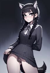 ai_generated beastkin black_hair canine_pussy cookie-girl dress dress_lift frown furry furry_female furry_only jenna_ortega looking_at_viewer silver_eyes skirt_lift the_addams_family twintails upskirt wednesday_(netflix) wednesday_addams wolf_ears wolf_girl wolf_tail