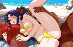 1girls 2boys beach bikini blush breasts bulge dark-skinned_male dark_skin heart-shaped_pupils imminent_sex interracial legs_apart legs_up misato_katsuragi nail_polish neon_genesis_evangelion purple_hair red_nails seaside shorts snegovski sunglasses swimming_trunks swimsuit