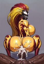 ai_generated anal anal_sex dark-skinned_male excessive_cum huge_cock hyper_penis marvel marvel_comics mary_jane_watson scream_(spider-man) symbiote will_of_ai