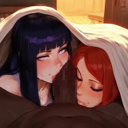 1boy 2girls ai_generated bed_sheet boruto:_naruto_next_generations dark-skinned_male fellatio hyuuga_hinata interracial motherly_cuckold naruto_(series) naruto_shippuden netorare oral penis red_hair teamwork uzumaki_kushina yelua