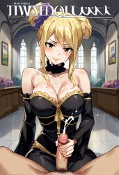 ai_generated black_dress cleavage cum_on_face cumshot dress fairy_tail hair_bun handjob large_breasts lucy_heartfilia magazine_cover payop pony_diffusion_xl smile