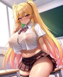 ai_generated bangs big_breasts big_thighs classroom cropped_shirt gyaru hand_on_hair huge_breasts huge_thighs kogal long_hair miniskirt multicolored_hair nipples_visible_through_clothing pink_eyes plaid_skirt school_uniform shirt skirt sweat too_small_clothes twintails wet_clothes wet_shirt white_shirt wide_hips zarazin