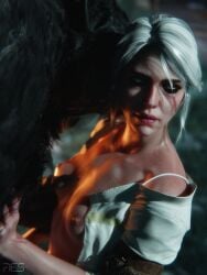 3d breast_grab breasts ciri female green_eyes light-skinned_female looking_at_viewer monster nipples scar the_witcher_(series) the_witcher_3:_wild_hunt werewolf white_hair witcherres