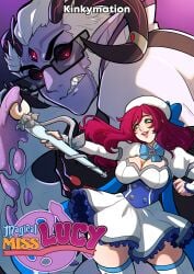 1boy 1girls 3_eyes angry_face big_breasts black_sclera blue_eyes comic_cover demon demon_boy demon_horns dress english_text female glasses hi_res horns jacques_(kinkymation) kinkymation long_hair magic_staff magical_girl male milf miss._lucy_(kinkymation) multi_eye original original_characters pointy_ears purple_hair purple_skin red_eyes sharp_teeth smile teeth_clenched text white_hair