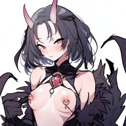 1girls ai_generated bare_breasts bare_shoulders black_hair blushing claws eyelashes feathers horns horny_female looking_at_viewer medium_breasts medium_hair monster monster_girl necklace nipple_piercing nipples original original_character shiny_skin small_breasts upper_body white_background wings yeyehuh