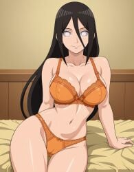 1girls ai_generated aindroidparanoid alternate_hairstyle arm_support before_sex big_breasts boruto:_naruto_next_generations bra breasts brown_hair cameltoe female female_only hair_between_eyes hair_down huge_breasts hyuuga_hanabi light-skinned_female light_skin lingerie long_hair midriff nai_diffusion naruto naruto_(series) orange_lingerie panties pinup sexually_suggestive shiny shiny_hair shiny_skin sister-in-law sitting sitting_on_bed smooth_skin solo solo_focus stable_diffusion suggestive tied_hair very_long_hair violet_eyes