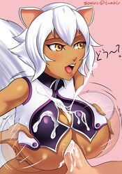 animal_humanoid big_breasts blazblue breasts cleavage clothed clothing cum cum_on_breasts cumshot dark-skinned_female dark_skin ejaculation erection faceless_male female hair hi_res huge_breasts humanoid japanese_text makoto_nanaya male mammal open_mouth orgasm penis pink_background rodent sex simple_background sowilo squirrel squirrel_humanoid text video_games white_hair yellow_eyes