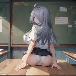 1girls ai_generated anus ass big_ass big_breasts blue_eyes blue_hair breasts classroom from_behind grey_hair hair_over_one_eye hi_res highres huge_breasts indoors large_breasts long_hair looking_pleasured mei_(2b213) messy_hair nude oblivious panties purple_eyes pussy school_uniform self_upload sideboob sitting skirt sweat thick_thighs unaware underwear viewed_from_behind