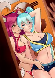 2girls academy_ahri academy_sona ahri alternate_costume arm_between_breasts between_breasts big_breasts bikini breasts cleavage female_only highres league_of_legends lips locker_room short_shorts shorts sona_buvelle yuri