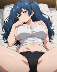 ai_generated bare_legs big_breasts blue_eyes blue_hair blush huge_breasts huge_thighs light-skinned_female light_skin long_hair looking_at_viewer massive_breasts panties saiko_yonebayashi shortstack subaruarm tank_top thick_body thick_female thick_thighs thighs tokyo_ghoul twintails voluptuous voluptuous_female