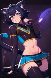 1boy abstract_background ai_generated black_hair blue_eyes bulge bulge_under_clothes cat_ears catboy cheerleader cheerleader_outfit crop_top cute darabri femboy feminine_male flat_chest girly latex logo miniskirt otoko_no_ko pale_skin patreon patreon_logo penis_bulge skin_tight skirt solo solo_femboy solo_focus solo_male space stockings thighs