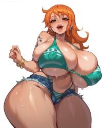 1girls ai_generated big_breasts bikini_bottom bikini_top bracelet curvaceous curvy_female cut_clothes earrings female female_only jewelry large_breasts light-skinned_female light_skin long_hair nami nami_(one_piece) nipples_visible_through_clothing one_piece orange_eyes orange_hair rocksolidart short_shorts sweating thick thick_thighs voluptuous voluptuous_female wide_hips