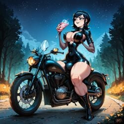 ai_generated big_ass big_breasts big_bulge bulge cleavage drink full_body futanari hotel_transylvania huge_ass huge_breasts long_legs mavis_dracula motorcycle outdoors round_breasts thick_thighs toned toned_futa toned_legs