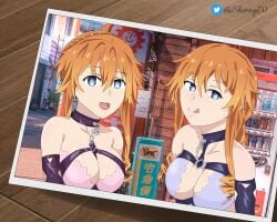 2girls big_breasts blue_eyes collar female girl orange_hair sheong_wong twins yamai_kaguya yamai_yuzuru