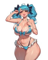 1girls ai_generated big_breasts bikini blue_eyes blue_hair breasts cameltoe cleavage earrings female female_only gwen_(league_of_legends) league_of_legends navel riot_games rocksolidart solo solo_female swimwear thick_thighs wide_hips