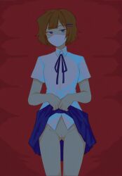 1girls ai_generated ass_visible_from_the_front ass_visible_through_thighs barren_(ai_prompter) blue_eyes blue_hairpin blue_ribbon blue_skirt brown_hair deathbody_(ghost) deathbody_(song) expressionless ghost_and_pals hairpin highres light_skin looking_at_viewer mai_(deathbody) mask mv_character no_panties pussy red_background remake short_hair simple_shading skirt_lift solo stable_diffusion thighs vocaloid white_shirt