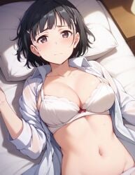 ai_generated asian asian_female bare_legs black_eyes black_hair bra huge_breasts huge_thighs kirigaya_suguha kiwifruit0501 large_breasts light-skinned_female light_skin looking_at_viewer panties pubes_exposed short_hair solo_female squatting sweat sweatdrop sword_art_online thick_thighs thighs voluptuous voluptuous_female