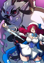 1boy 1girls 3_eyes angry_face big_breasts black_sclera blue_eyes comic_cover demon demon_boy demon_horns dress female glasses hi_res horns jacques_(kinkymation) kinkymation long_hair magic_staff magical_girl male milf miss._lucy_(kinkymation) multi_eye original original_characters pointy_ears purple_hair purple_skin red_eyes sharp_teeth smile teeth_clenched white_hair