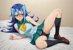 ai_generated bangs bed blue_hair blush breasts clothing crying female kamishiro_rio looking_at_another lying namkha209 panties red_eyes rio_kamishiro scared scared_expression school_uniform shoes skirt solo spread_legs underwear yu-gi-oh! yu-gi-oh!_zexal