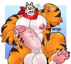 anthro_tiger biceps blue_nose breasts flexing furry furry_only furry_solo glans kellogg's male muscles naked orange_fur penis pink_glans pink_tits posing precum red_bandana schwarzfox solo stripes tiger tony_the_tiger triceps white_balls