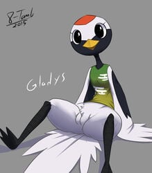 2015 3_toes 8-tomb absurd_res animal_crossing anthro anus arm_support avian beak biped bird bird_feet black_countershading black_eyes black_feathers black_wings bottomless character_name clitoris clothed clothing countershade_face countershade_torso countershading crane english_text eyelashes feather_tuft feathered_wings feathers female flat_chested gladys_(animal_crossing) green_clothing grey_background head_tilt hi_res multicolored_feathers nintendo pubes pussy reclining red-crowned_crane red_feathers reverse_countershading shirt simple_background sitting smile solo spread_legs spreading tail_feathers text toes tuft two_tone_wings video_games white_anus white_feathers white_pussy white_wings winged_arms wings yellow_beak