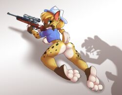 2018 3_toes anthro ass barefoot big_ears big_feet bobcat breasts cowboy_hat cute danger digital_media_(artwork) dixie_mae_carlisle_(character) erection feline female fur gun hair hat hunting lynx mammal nipples penis ranged_weapon redneck rifle shadow simple_background siroc southern toes weapon yellow_fur