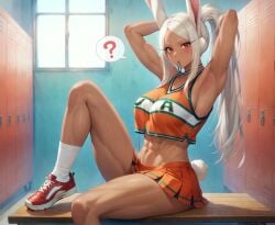 1girls ? abs ai_generated aimoonshine alternate_costume animal_ears armpits arms_behind_head arms_up bangs blush boku_no_hero_academia breasts cheerleader choker cleavage crop_top dark-skinned_female dark_skin female female_only indoors knee_up large_breasts locker locker_room long_hair looking_at_viewer midriff mirko miruko mouth_hold muscular muscular_female my_hero_academia navel orange_skirt parted_bangs pleated_skirt ponytail rabbit_ears rabbit_girl rabbit_tail red_eyes shoes sitting skirt sleeveless sneakers socks solo spoken_question_mark tail thighs tying_hair u.a._cheerleader_outfit white_hair white_socks window