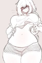 accessory big_breasts blush booty_shorts breasts chubby chubby_female dolphin_shorts embarrassed female food french_fries fries glasses pinch pinching_belly shiirano shorts thick_thighs thighs tummy