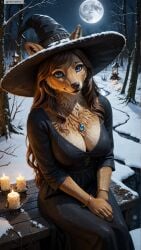 ai_generated anthro artist_name black_dress blue_eyes breasts brown_hair candle cleavage dress female female_anthro full_moon furry furry_female hat hi_res high_resolution highres jewelry large_breasts long_hair looking_at_viewer moon night photorealistic realistic sitting snow snowing solo stable_diffusion twitter twitter_username watermark witch witch_hat yiffyjiffy2 yiffyjiffy69