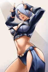 1girls angel_(kof) artist_request belt big_breasts blue_eyes cleavage female from_below hand_gesture hands_on_head jacket king_of_fighters light-skinned_female light_skin short_hair thong tongue white_hair