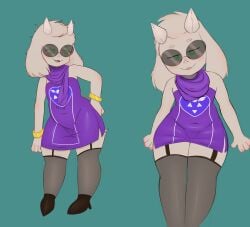 absolute_territory absurd_res anthro asriel_dreemurr bottomwear bovid bracelet cappuchino caprine clothed clothing crossdressing dress eyewear femboy fluffy_ears footwear glasses goat hi_res high_heels horn jewelry male mammal paws scarf shoes smug solo sunglasses tight_bottomwear tight_clothing undertale undertale_(series)