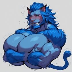 1boy ai ai_generated anthro bashful big_breasts blue_eyes blue_fur blue_hair blush blushing_male busty busty_boy cuntboy fangs furry gay_sex holding_breasts hrothgar hrothgar_male huge_breasts intersex karomiz male male_only male_with_breasts muscular solo solo_male