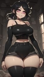 1girls ai_generated ashley_graves big_breasts breasts female goth goth_girl hana_aera pink_eyes shorts smiling solo thick_thighs wide_hips