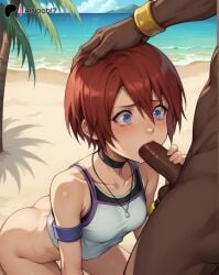 ai_generated ainoob17 beach blowjob blue_eyes bottomless dark-skinned_male hand_on_head kairi kingdom_hearts rape red_hair tagme tears