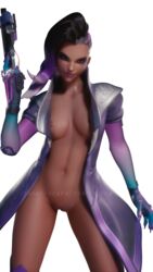 3d blender breasts dark-skinned_female dark_skin female lemony-senpai mostly_nude navel nipples overwatch pussy smile solo sombra