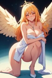 ai_generated angel_wings aureola big_ass big_breasts blonde_hair blush damaris_selene looking_at_viewer necklace nervous on_one_knee orange_eyes pussy thick_thighs towel_only