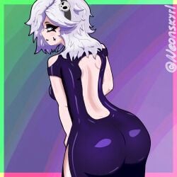 back_view big_ass brawl_stars colette_(brawl_stars) dress from_behind goth goth_girl green_background looking_at_viewer purple_background purple_dress skull tattoo thick_thighs white_hair