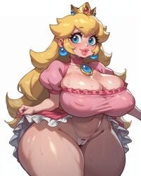 1girls ai_generated blonde_hair breasts cameltoe crown earrings female female_only huge_breasts long_hair mario_(series) navel nintendo nipple_bulge princess_peach rocksolidart solo solo_female thick_thighs wide_hips