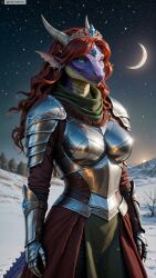 ai_generated anthro armor artist_name female female_anthro furry furry_female hi_res high_resolution highres horns long_hair moon photorealistic realistic red_hair reptile scales scalie snow solo stable_diffusion twitter twitter_username watermark yiffyjiffy2 yiffyjiffy69